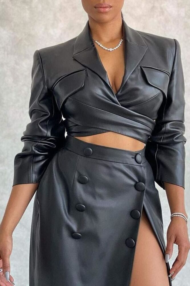 Black PU Leather Blazer Coat High Slit Maxi Skirt Set SKU: M546325643