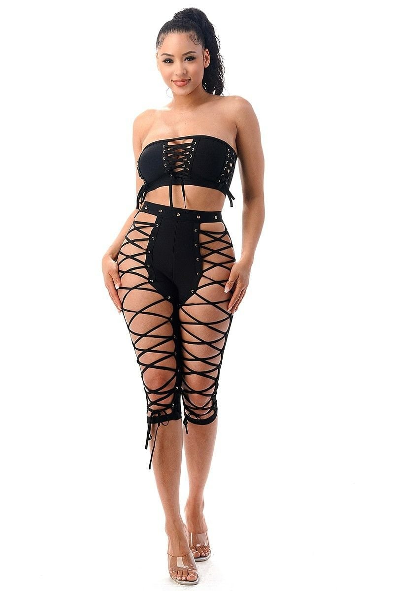 Black Lace-up Detail Bandage Set SKU: M076894532