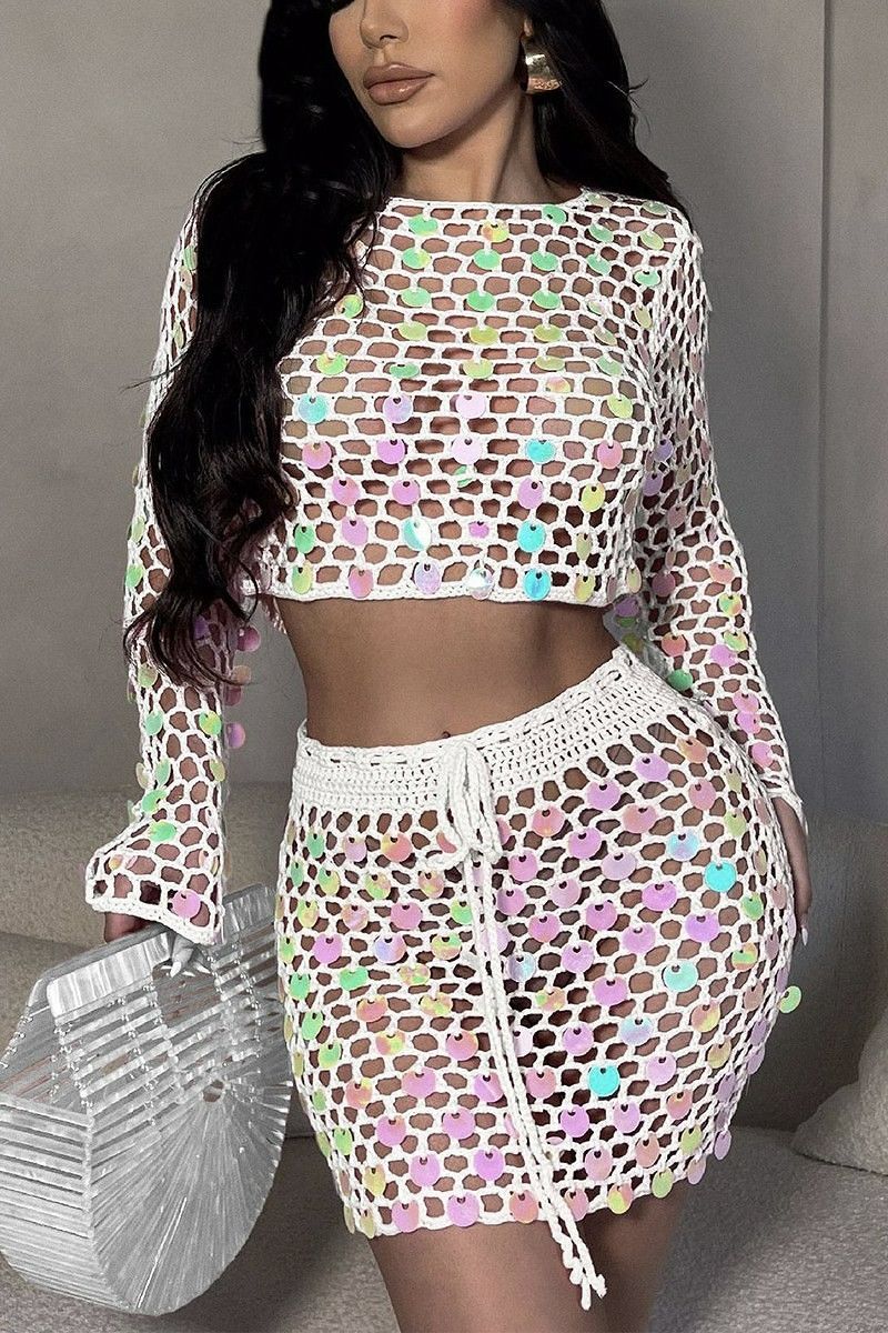 White Sequins Crochet Shirt And Skirt Set SKU: M045634435