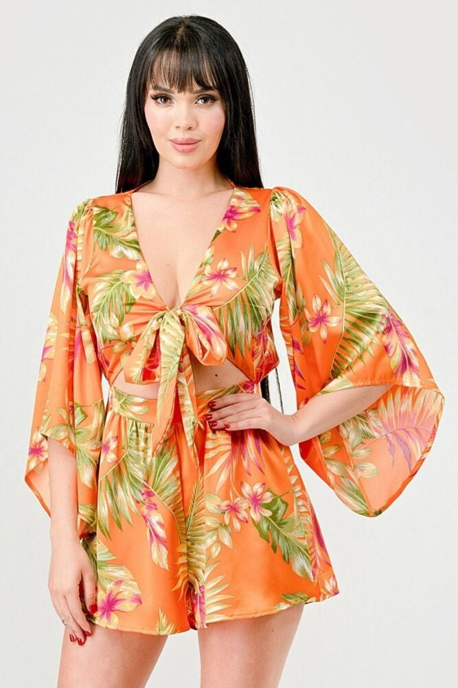 Tropical Floral Print Tie Front Rompers SKU: R809081