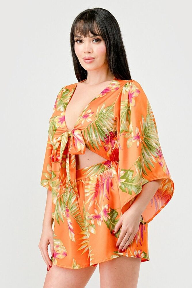 Tropical Floral Print Tie Front Rompers SKU: R090898765