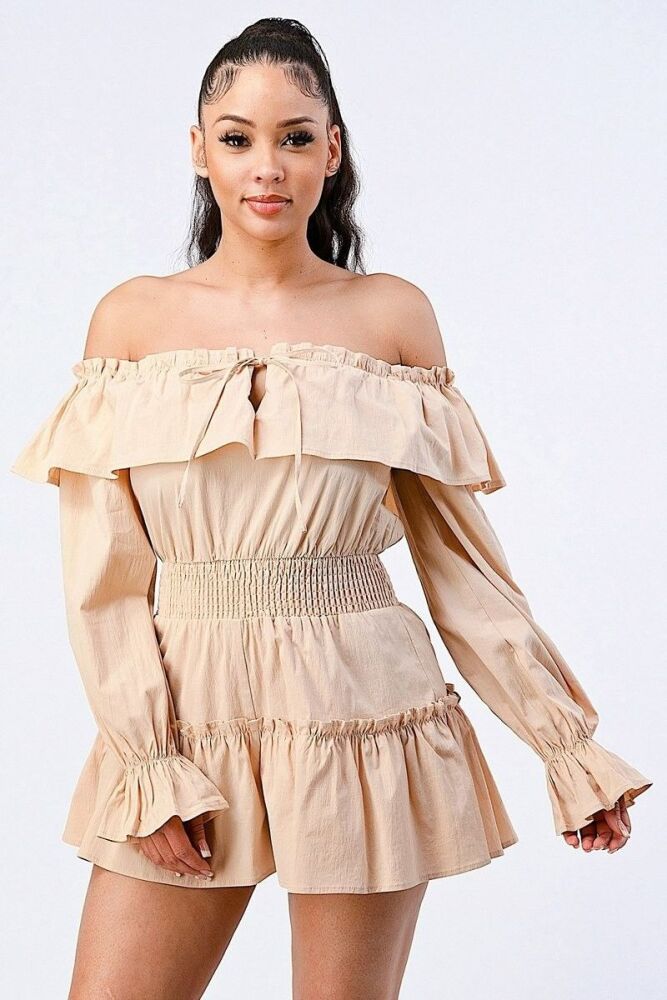 Off-Shoulder Ruffled Layered Puff Sleeves Romper SKU: R076898765