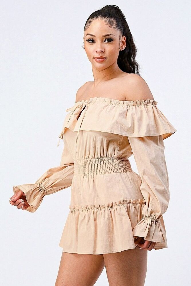 Off-Shoulder Ruffled Layered Puff Sleeves Romper SKU: R076898765