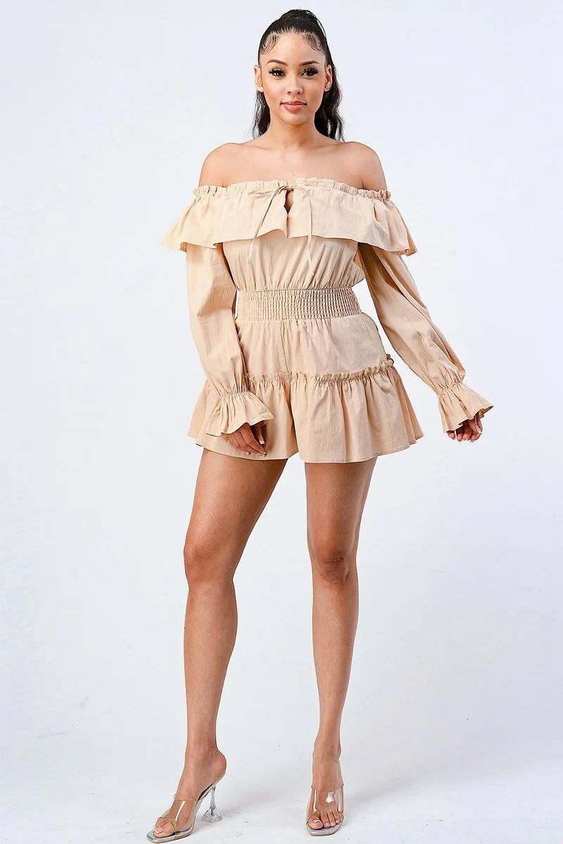 Off-Shoulder Ruffled Layered Puff Sleeves Romper SKU: R076898765