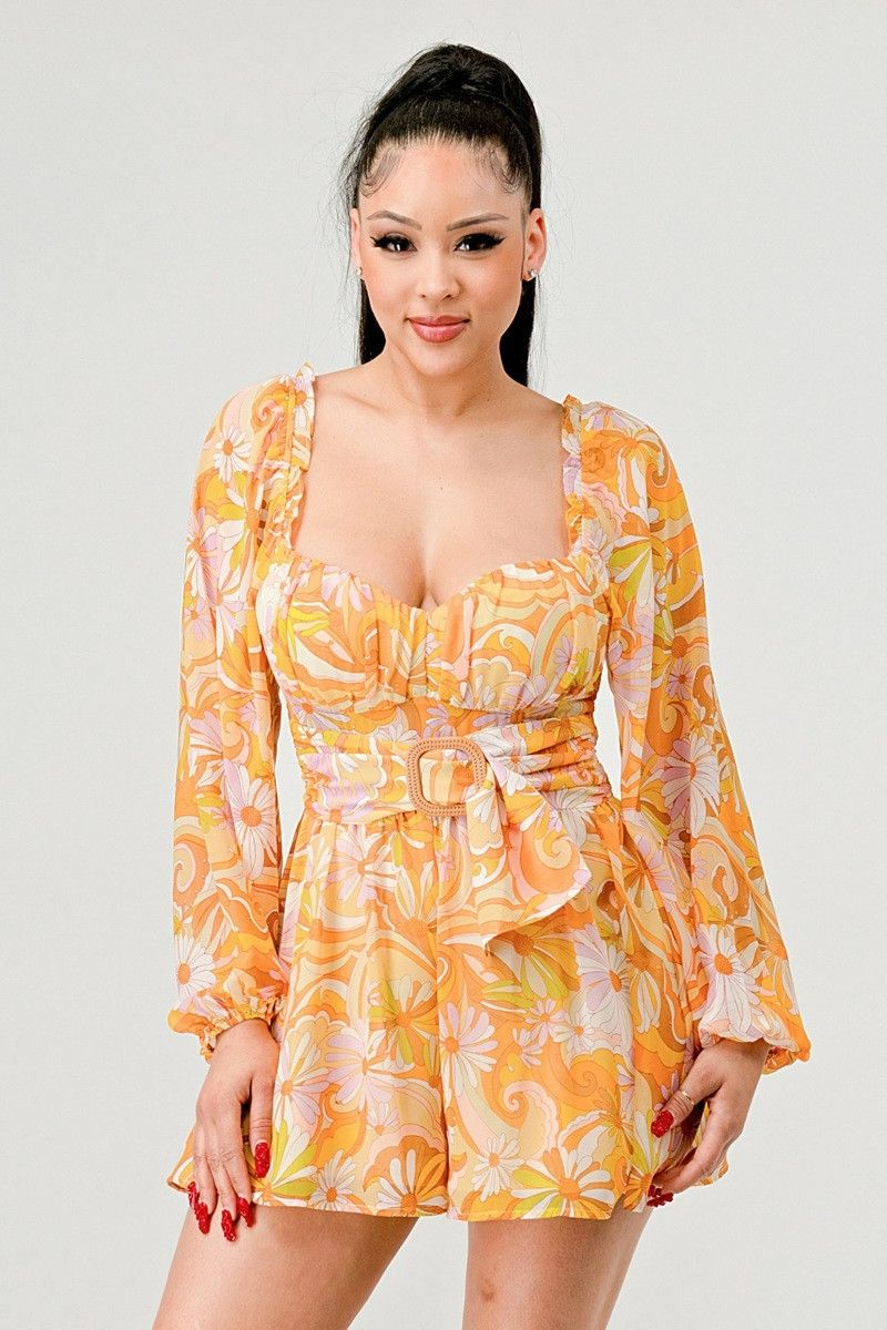 Floral Pebble Chiffon Print Belted Romper SKU: R087900098