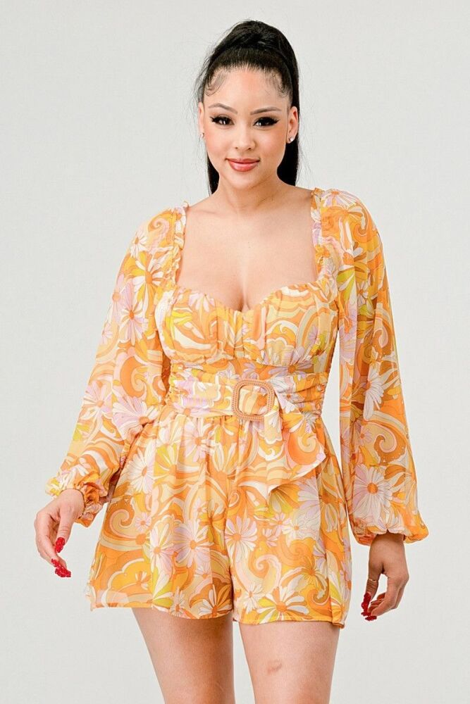 Floral Pebble Chiffon Print Belted Romper SKU: R087900098