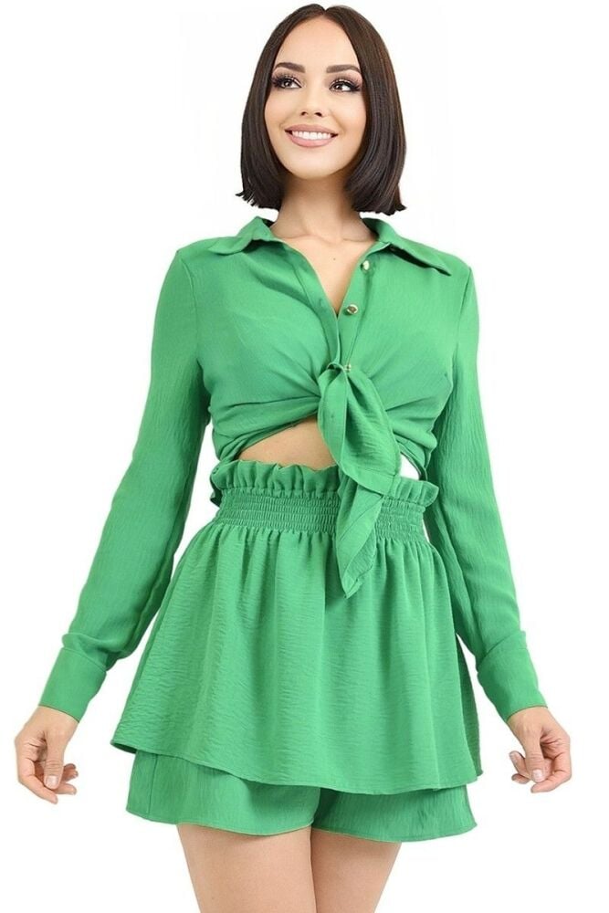 Green Solid Long Sleeve Shorts Set 2Piece SKU: M067856743