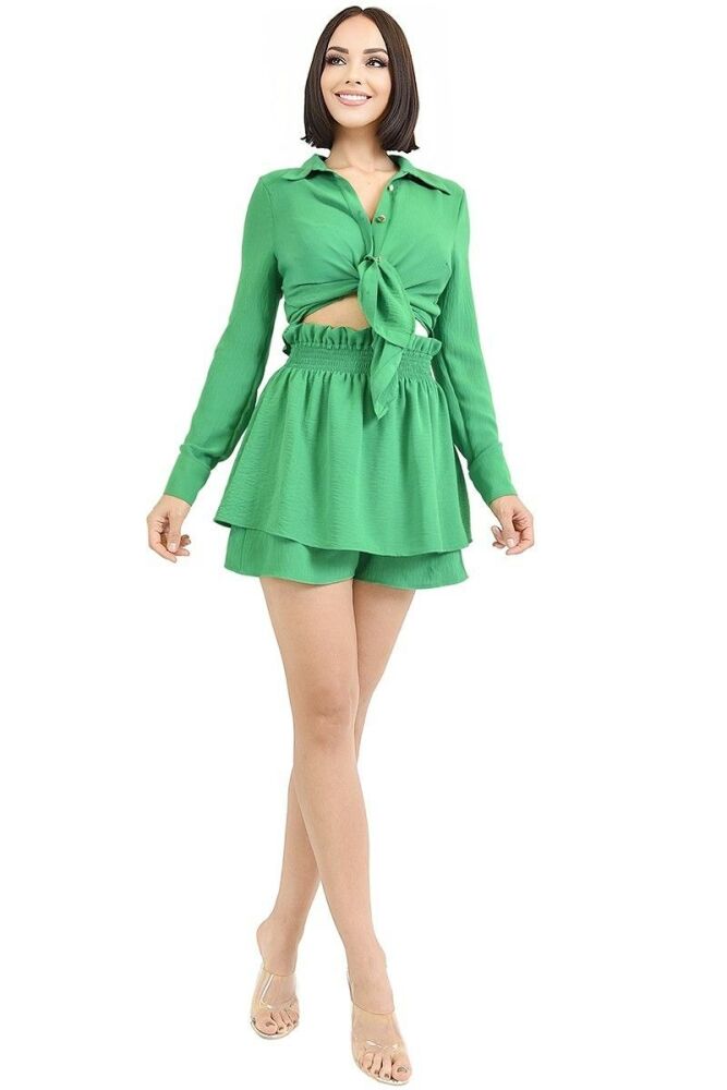 Green Solid Long Sleeve Shorts Set 2Piece SKU: M067856743