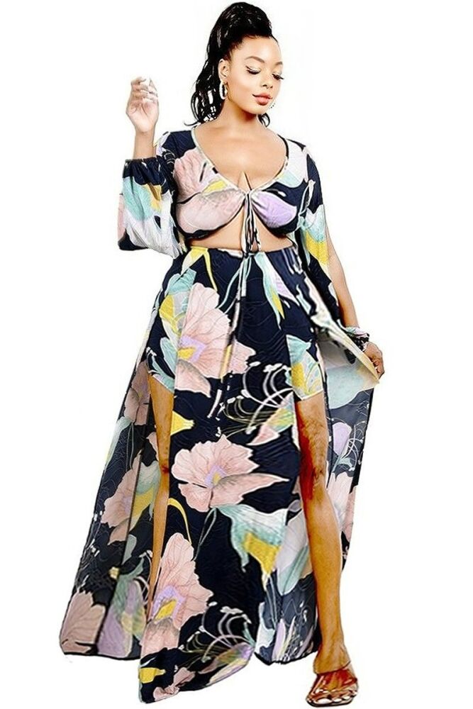 Floral Print Open Sleeve Maxi Dress SKU: M065748321