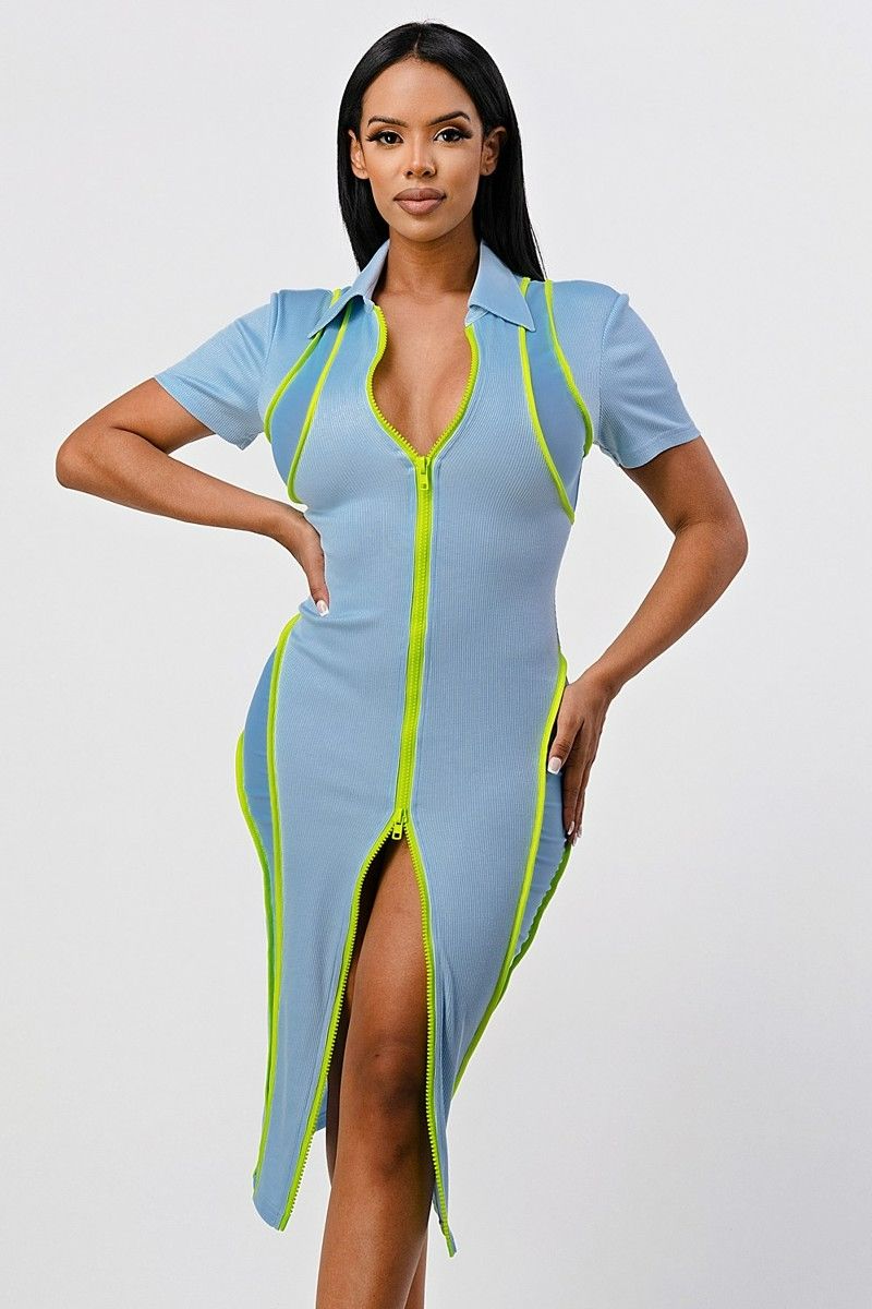 Ribbed Two-Way Zip Midi Dress SKU: D087987865 FEATURES COLLARED SHORT SLEEV
