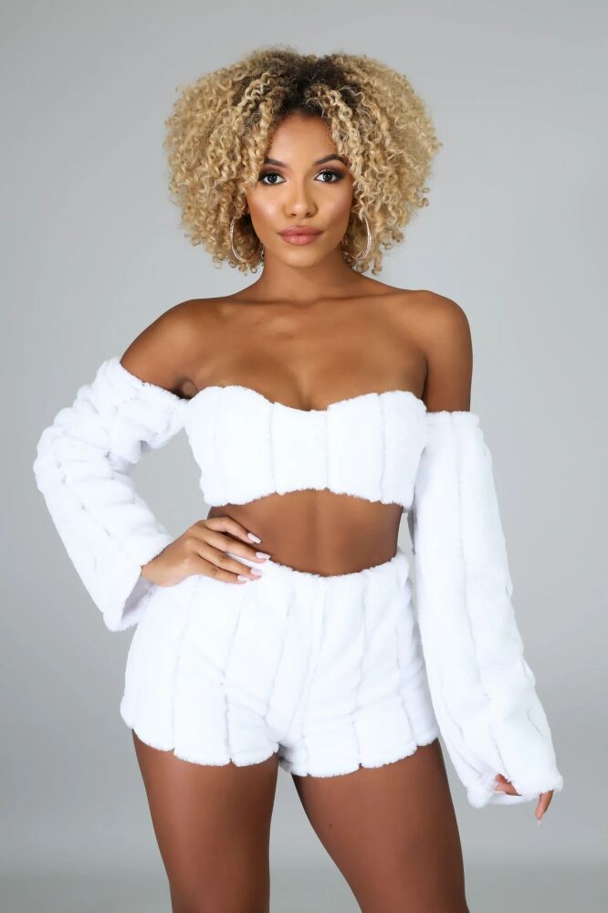 White Fur Thing Short Set Size: L