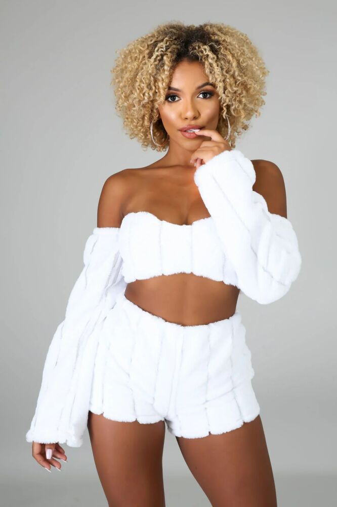 White Fur Thing Short Set Size: L