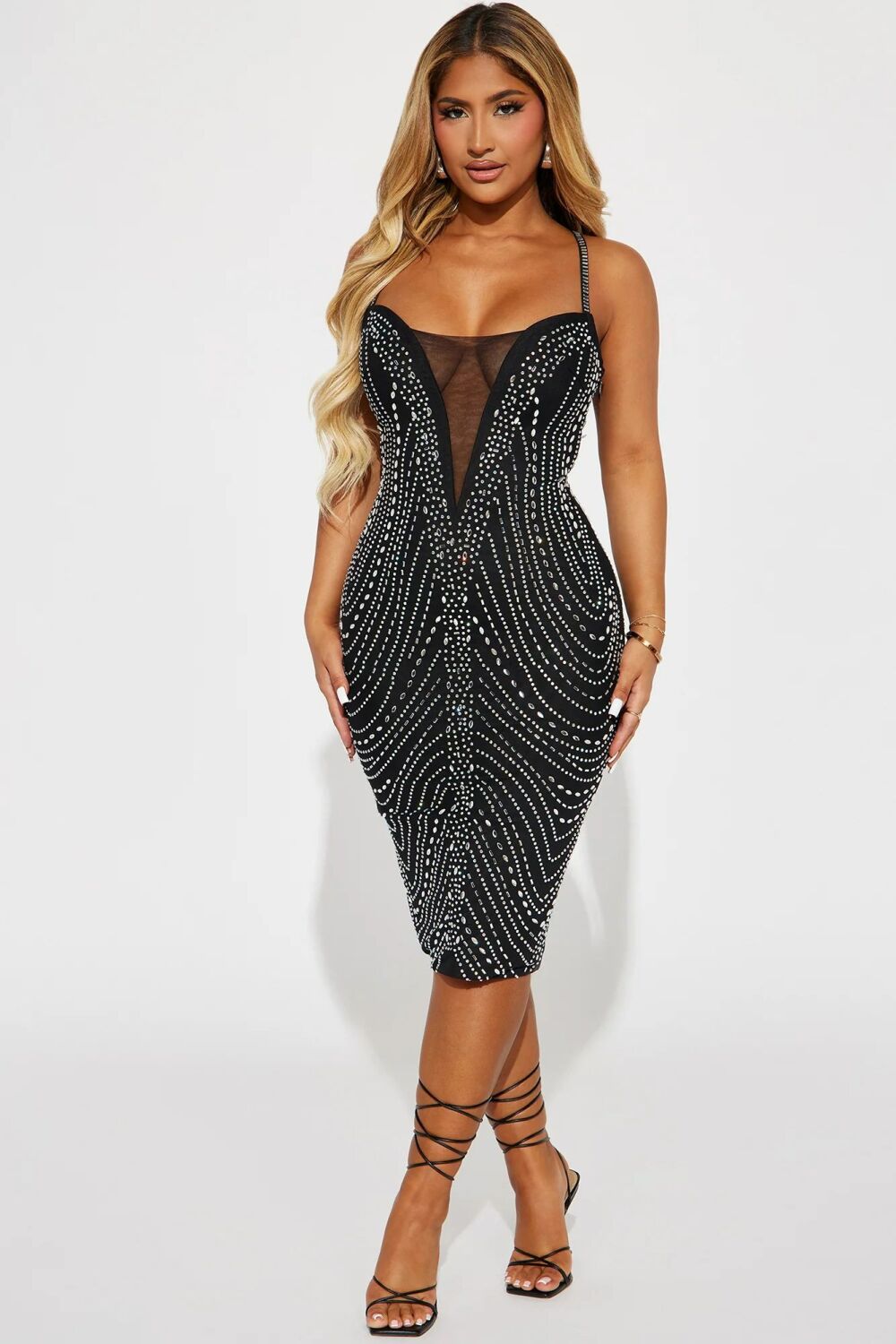 Black Dazzling Embellished Midi Dress SKU: SD045637822