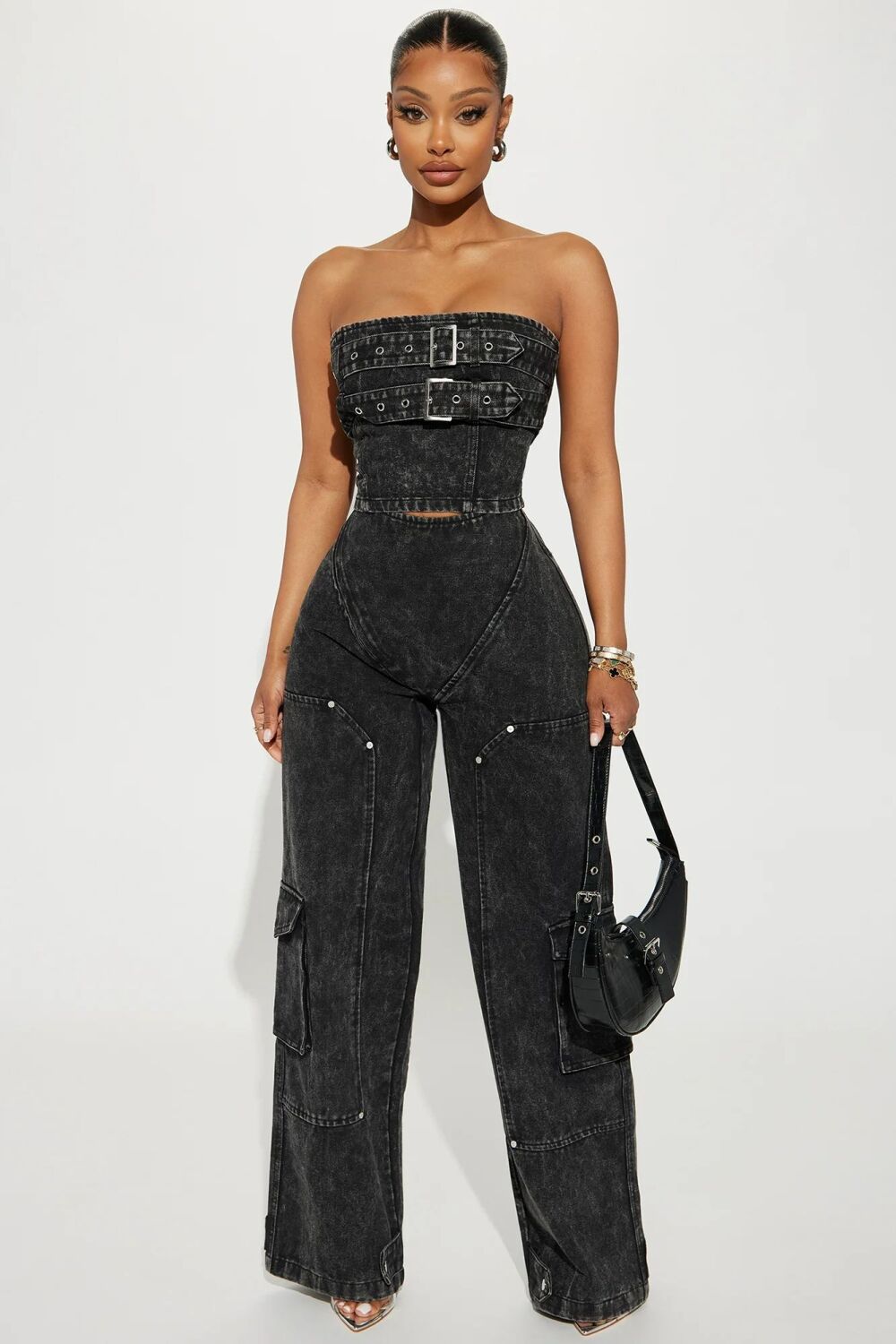 Wide Leg Black Cargo Wash Pant Set SKU: MS04546632