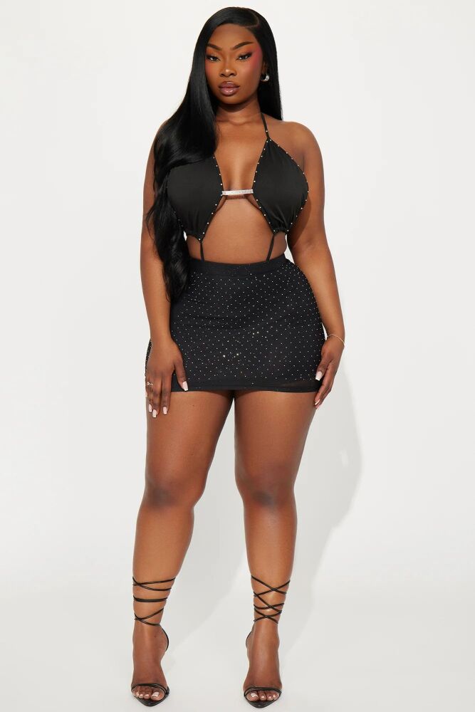 Black Sexy Rhinestone Skirt Set Size: LM