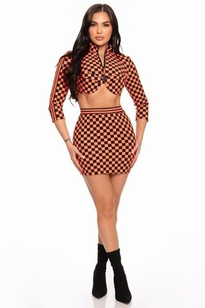 Orange Sporty Checkered Print Skirt Set SKU: MSO5647331