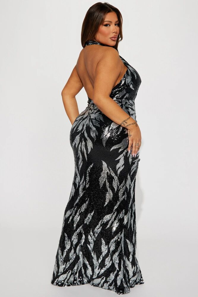Silver Sequin Gown Halter High Rise Slit Dress SKU: A98O70