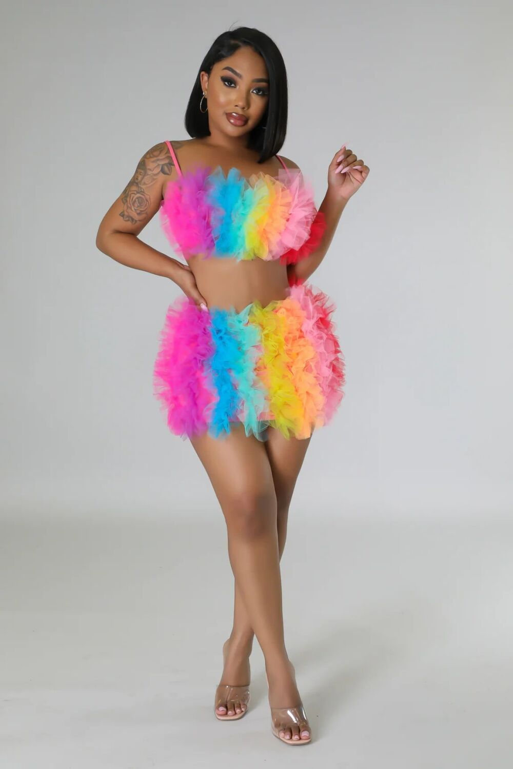 Rainbow Color Ruffles Tulle Skirt Set Size: S