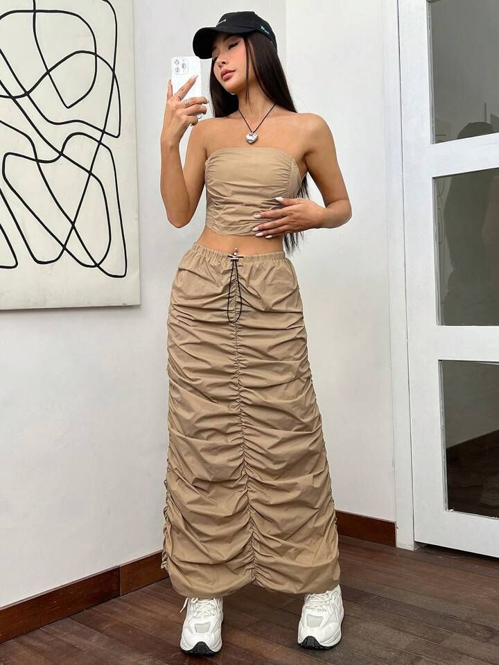 Tube Top & Drawstring Waist Ruched Skirt Size: S