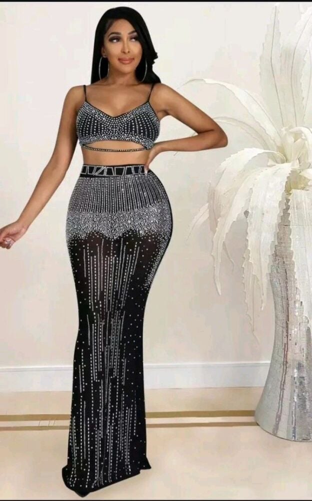 Black Studded Cropped Two-Piece Mesh Maxi Size: S