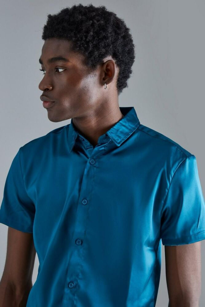 Teal Short Sleeve Muscle Satin Shirt