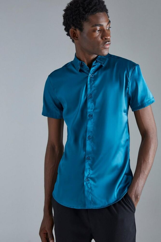 Teal Short Sleeve Muscle Satin Shirt