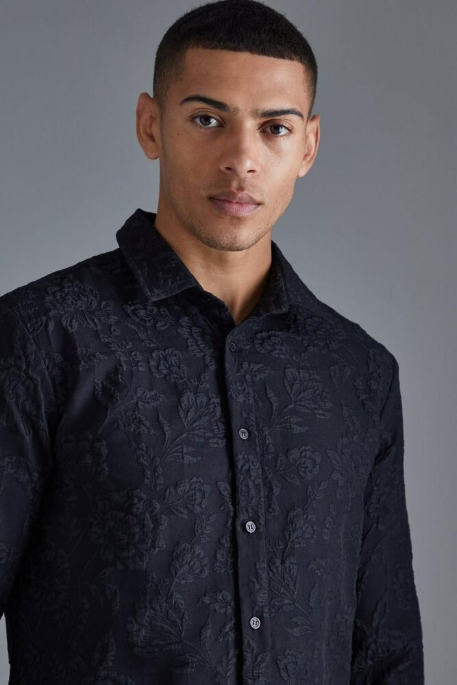 Black Long Sleeve Floral Textured Shirt