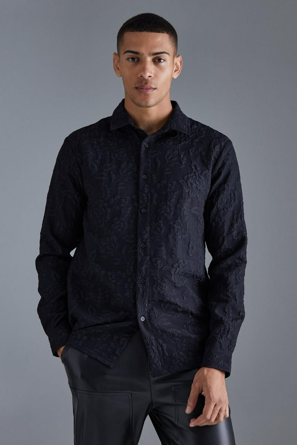 Black Long Sleeve Floral Textured Shirt