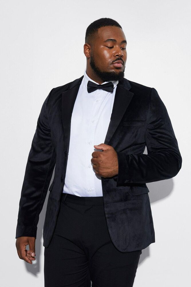 Black Skinny Fit Velour Satin Suit Jacket Size: 48/2XL