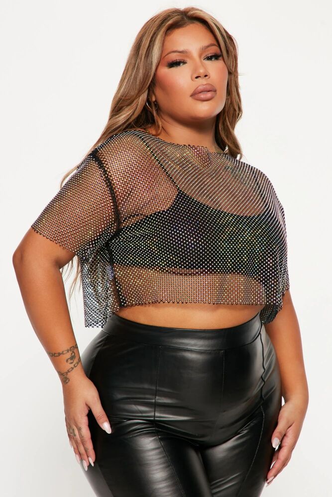 Black Amanza Rhinestone Mesh Crop Top