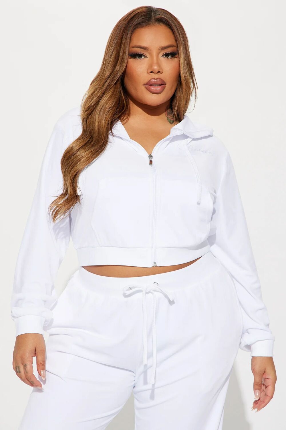 White Long Sleeves Soft Velour Pant Set