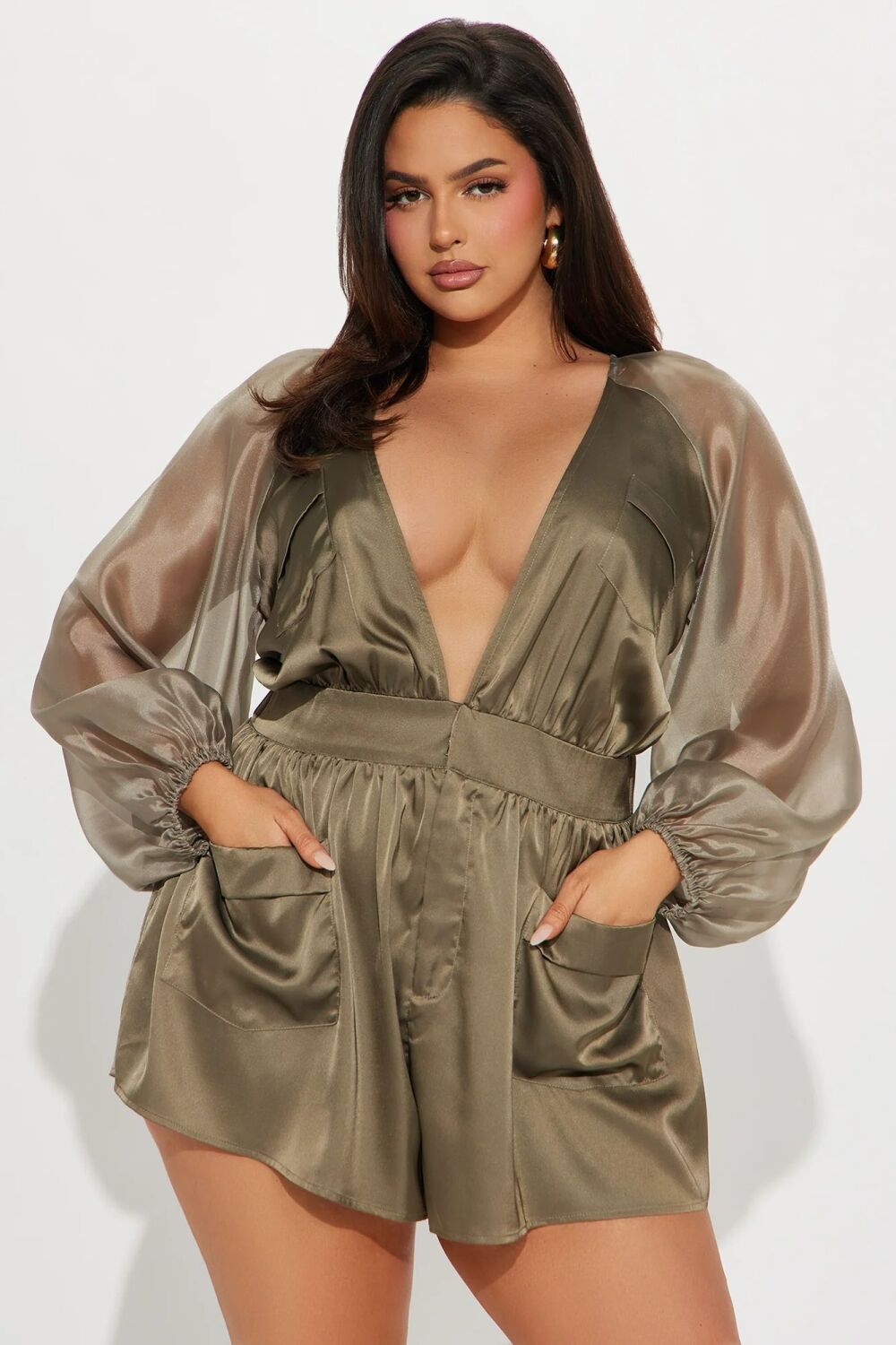 Olive Satin Long Sleeves Romper Size: XL