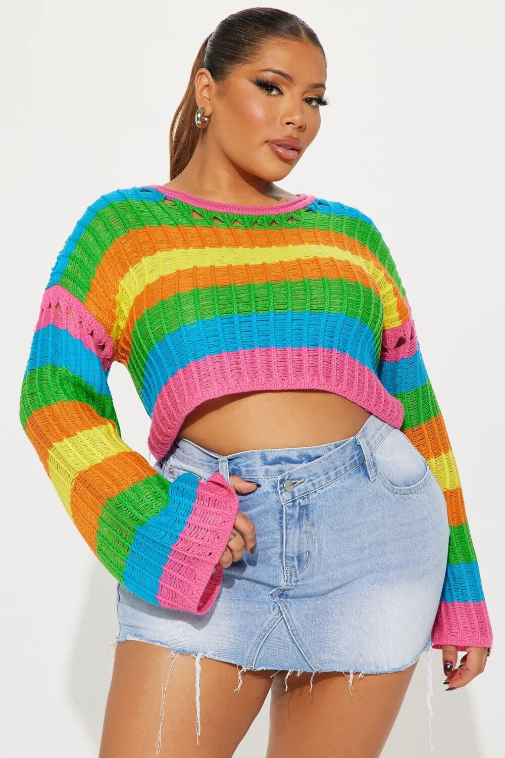 Multi Color Crop Long Sleeve Sweater Size: L