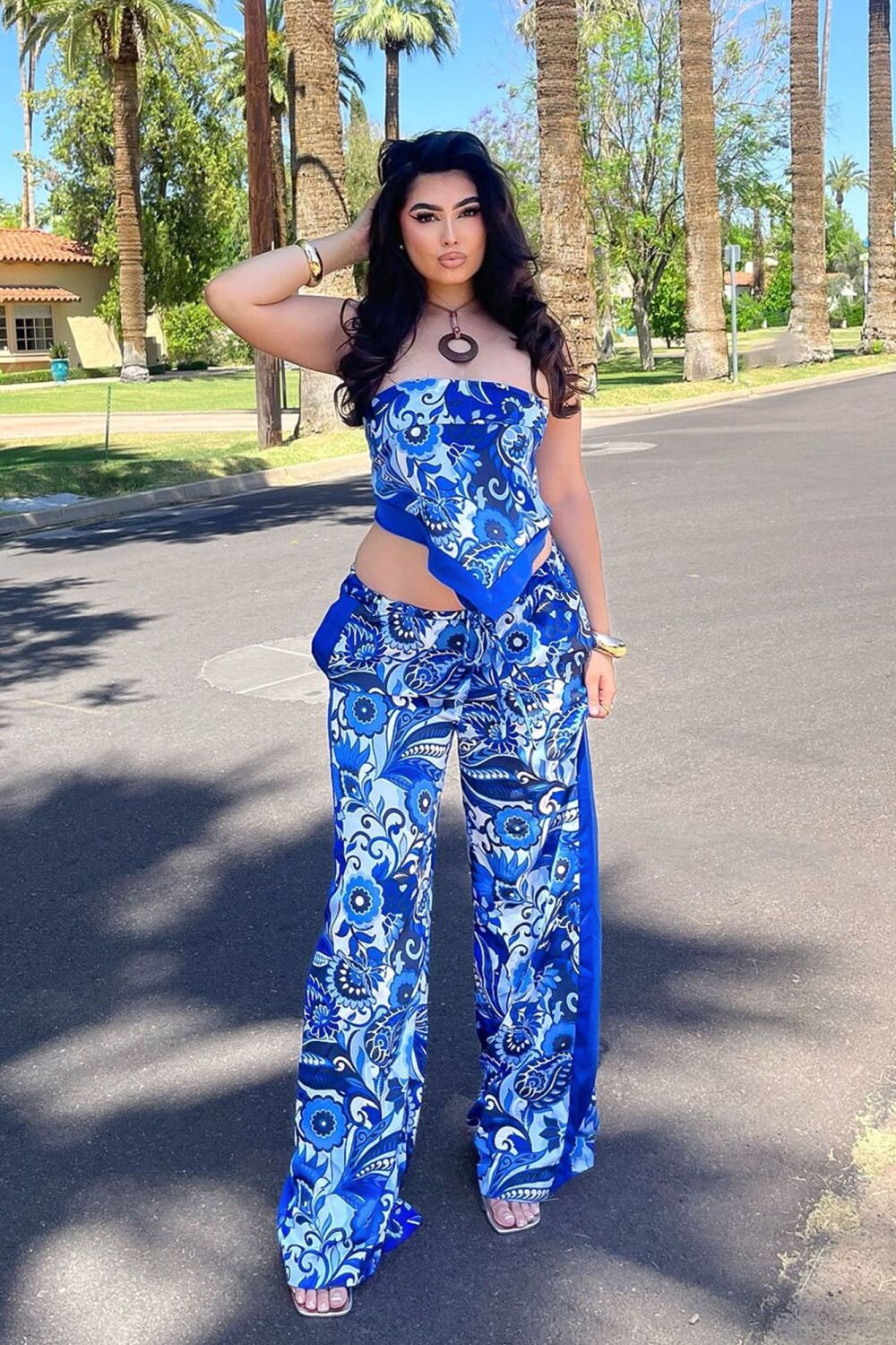 Blue Printed Satin Pant Set Size: 2XL