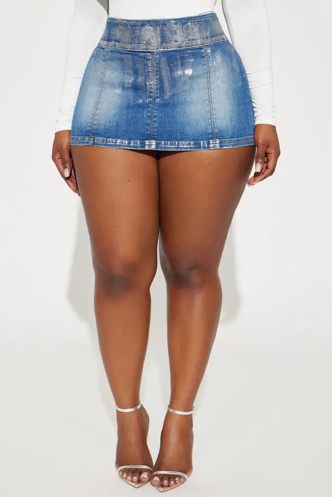 Medium Wash Foil Denim Micro Mini Skirt