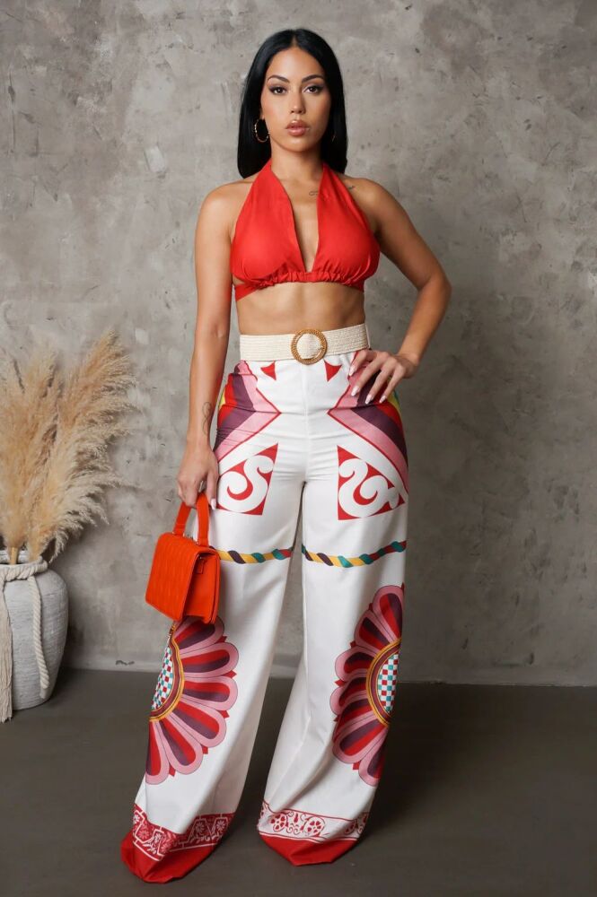 Orange Crop Top & Boho Buckle Belt Printed Pants Set Size: S