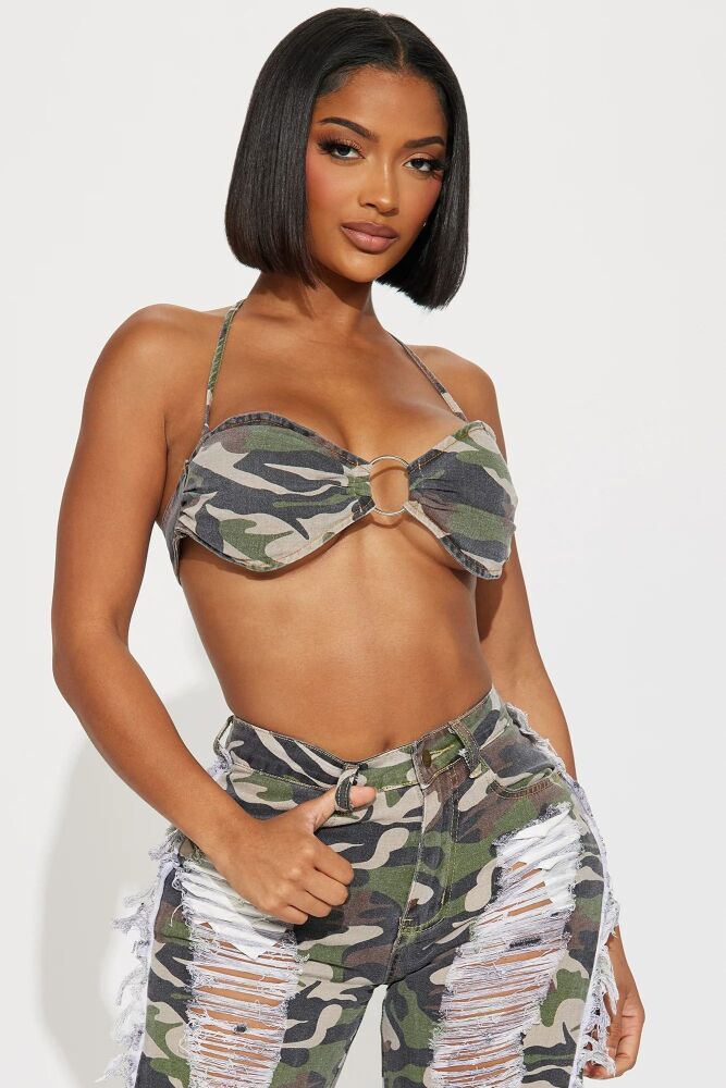 Camo Denim Bra Top & Distressed Mom Jeans Set Size: S