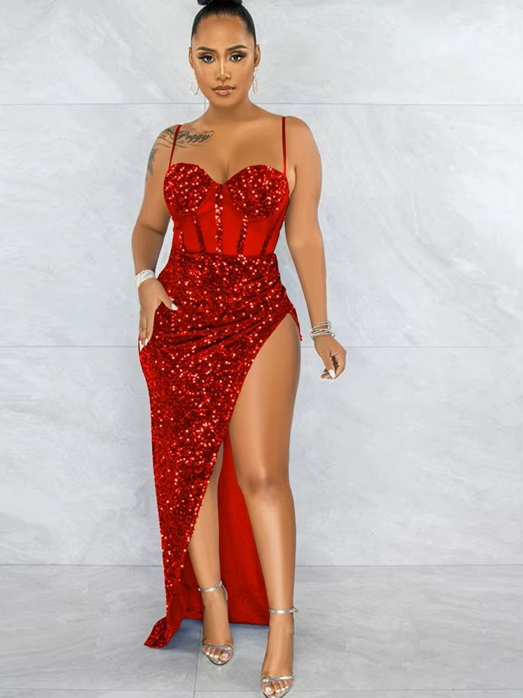 Red Mesh Sequins Velvet Maxi Bodysuit Dress Size: S SKU: A089000