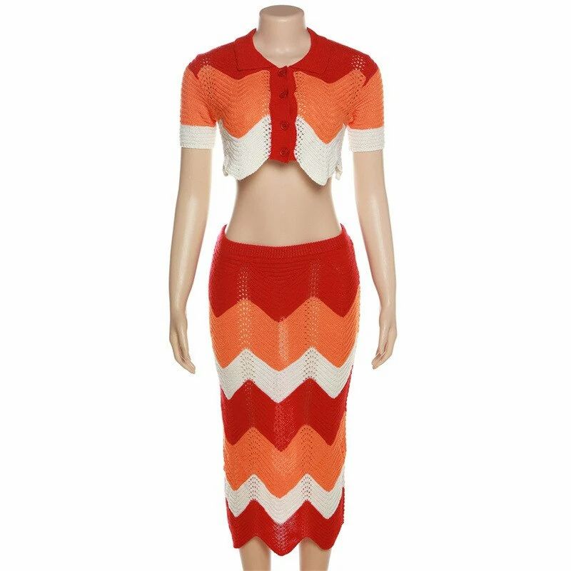 Orange Crop Top & Crochet Cover-Up Skirt Set Size: S