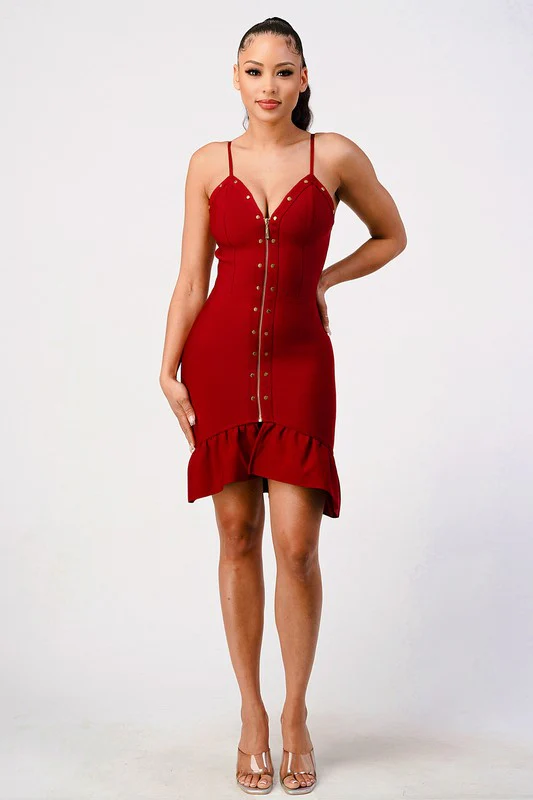 Burgundy Zipper Detailed Bodycon Bandage Dress Size: S SKU: A033810