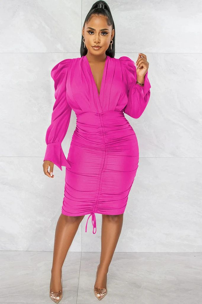 Fuchsia V Pleated Neckline Ruched Midi Dress Size: M SKU: B008907