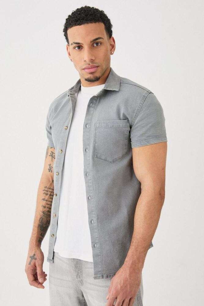 Denim Mid Grey Muscle Fit Short Sleeve Shirt Size: L