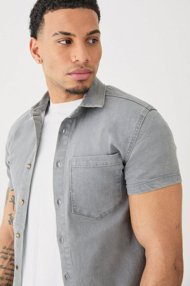 Denim Mid Grey Muscle Fit Short Sleeve Shirt Size: L