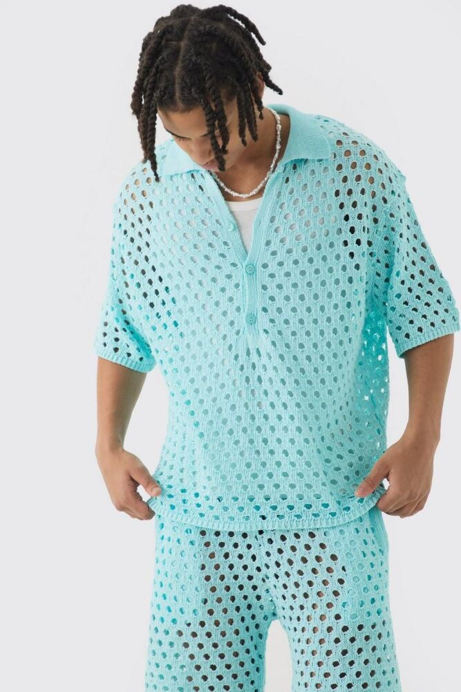 Oversized Light Blue Open Stitch Polo & Short Set Size: M