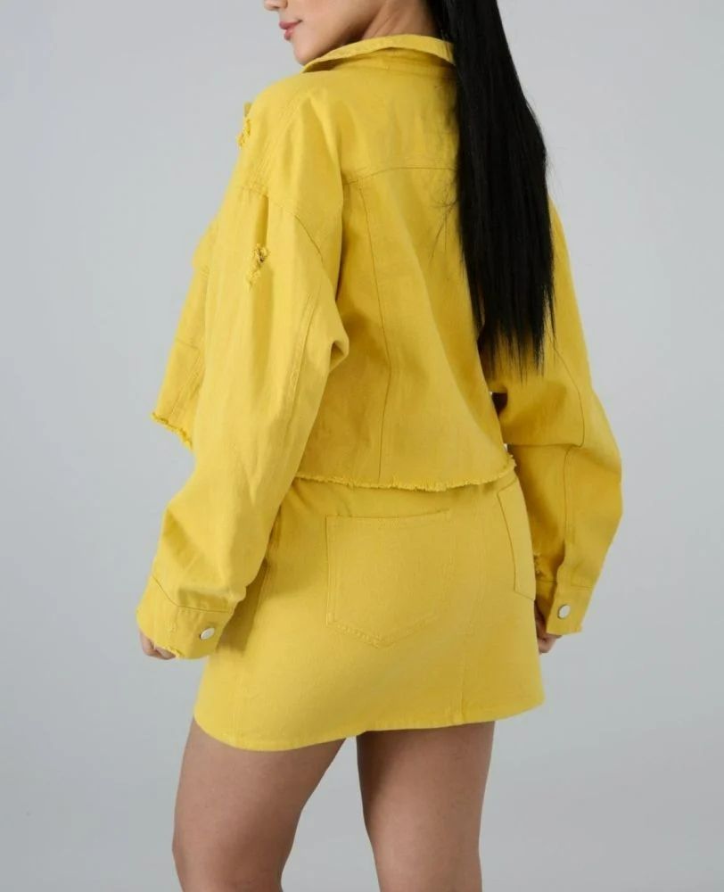 Yellow Denim Oversize Crop Jacket Skirt Set Size: M