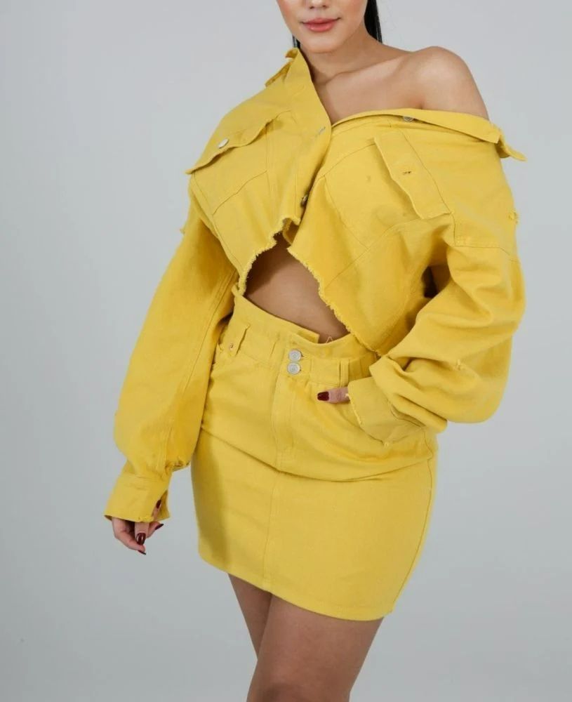 Yellow Denim Oversize Crop Jacket Skirt Set Size: M