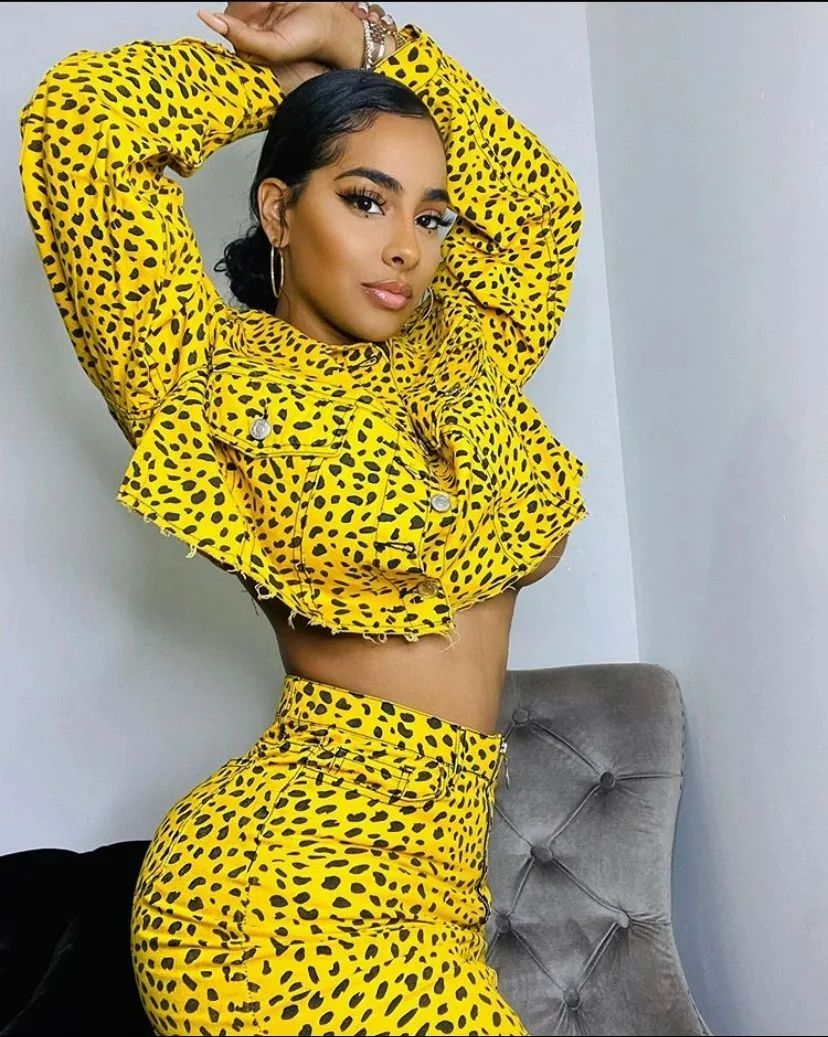 Yellow Oversize Leopard Denim Jacket Skirt Set Size: S