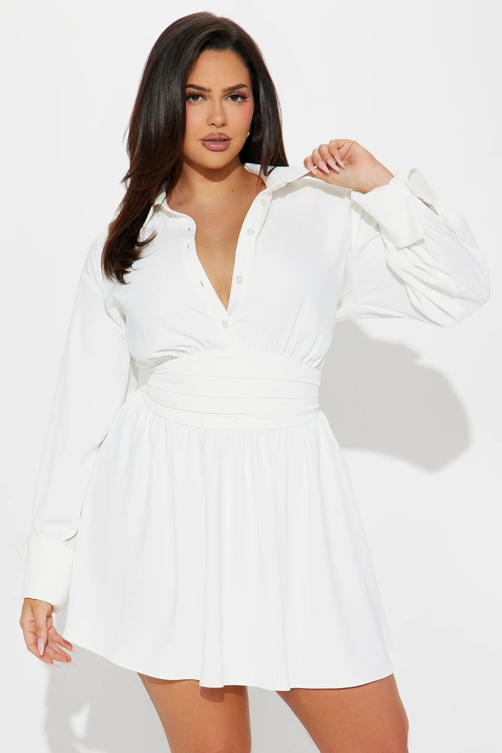 White Classic Chic Cinched Shirt Dress SKU: 4564773