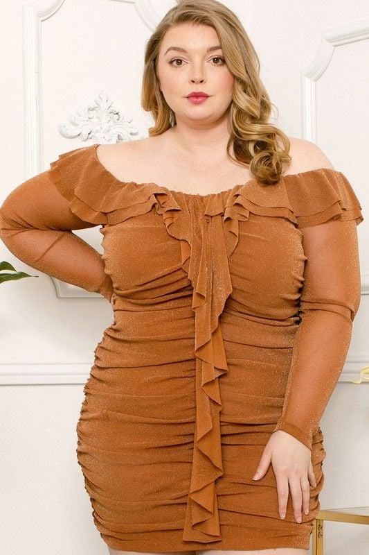 Ruffled Rust Off-Shoulder Mini Dress SKU: M908990