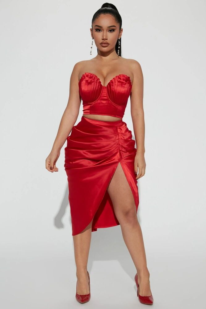 Red Satin Bustier Two-Piece Set Size: S